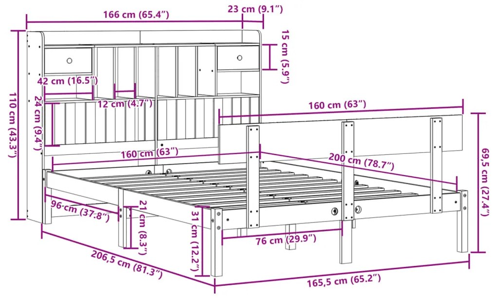 Cama com estante sem colchão 160x200 cm pinho maciço branco