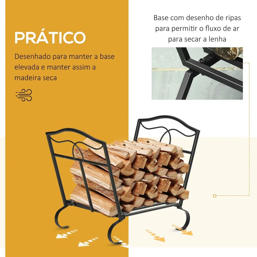 Outsunny Suporte para Lenha Metálico Porta Lenha Exterior e Interior com Grade e Base Elevada Carga Máxima 40kg 47x30x38cm Preto