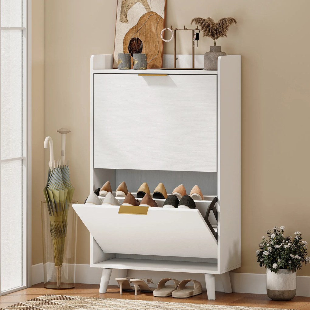 Sapateira com capacidade 70 L x 30 P x 120 A cm para 12 pares, armário estreito com 2 gavetas rebatíveis e prateleiras ajustáveis, branco
