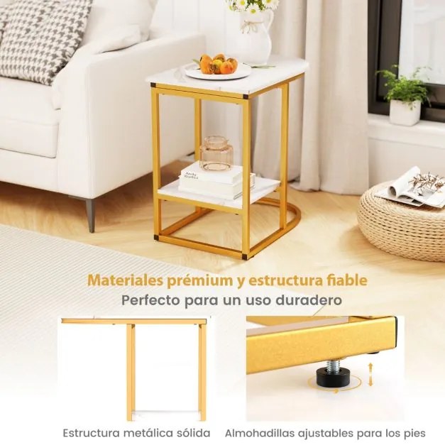 Mesa lateral moderna 60 x 40 x 60 cm em forma de C com tampo em mármore artificial e prateleira Branco + Dourado