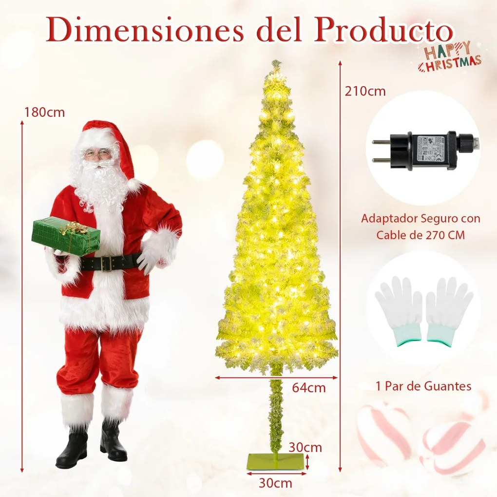 Árvore de Natal Fantasiosa de 210 cm Topo Flexível Artificial com Luzes (DECORAÇÃO NÃO INCLUIDA) para Festas e 366 Pontas de Galhos Verdes