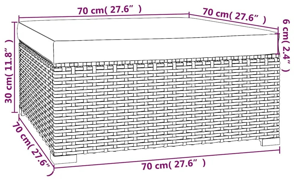 Apoio pés para jardim c/ almofadão 70x70x30 cm vime PE castanho