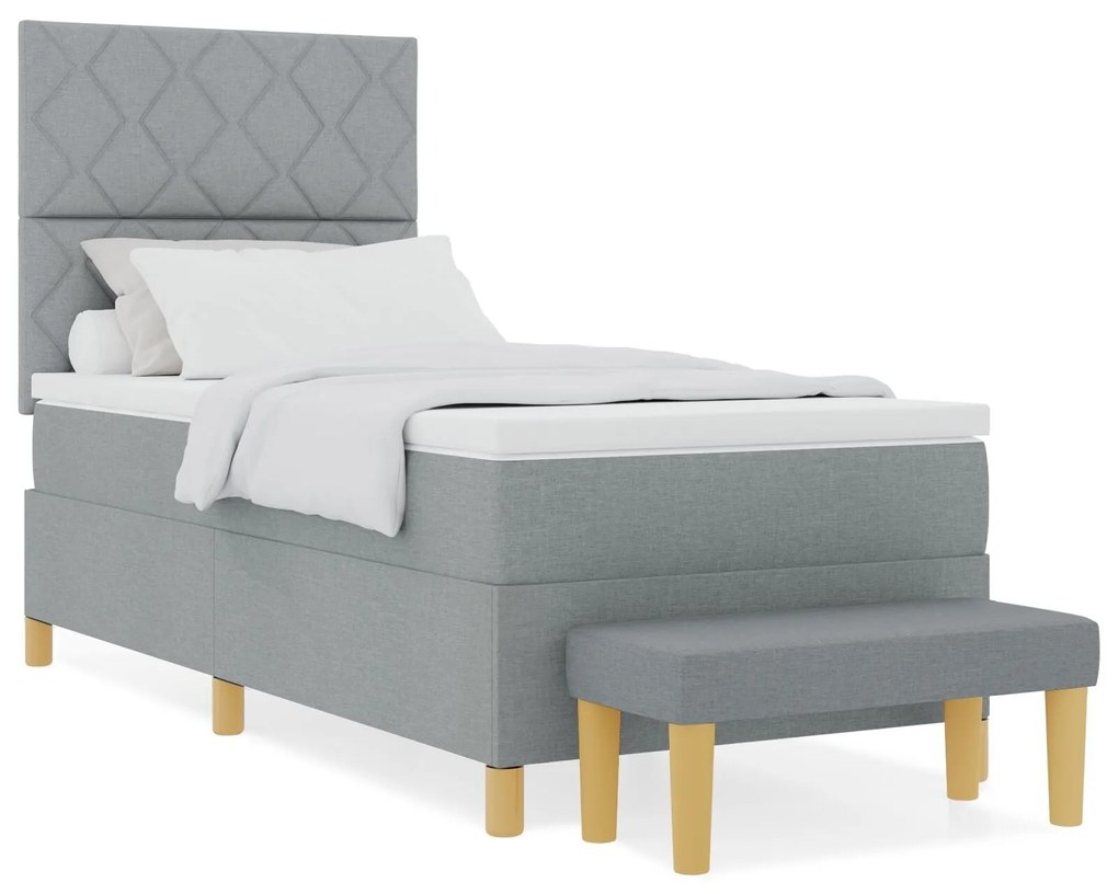 Cama Box Spring com Colchão & Banco Cinza Claro 100x200 cm Tecido