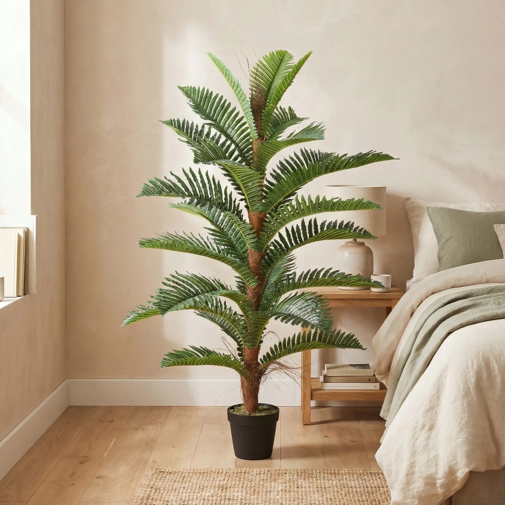 Palmeira artificial de 120 cm com 24 folhas em PEVA, planta decorativa com vaso de plástico, verde