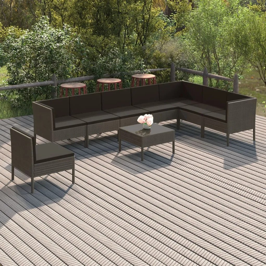 vidaXL 9 pcs conjunto lounge de jardim c/ almofadões vime PE cinzento