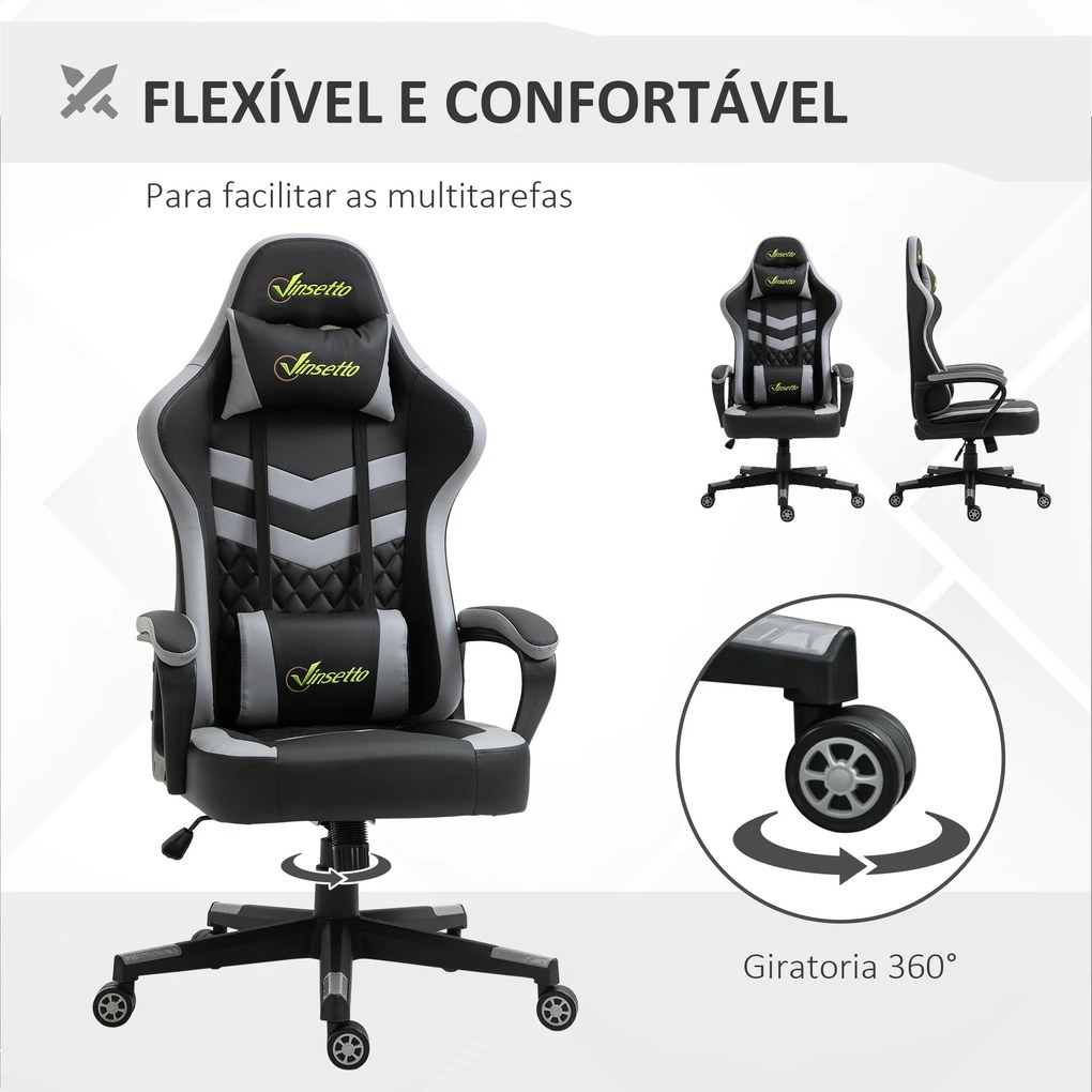 Cadeira Gaming com Altura Regulável Basculante com Apoio de Cabeça e Almofada Lombar 61x70x121-129 cm Preto