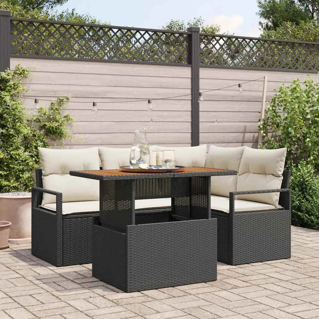 vidaXL Conjunto de sofá de jardim com 5 peças e almofadas em ráton preto e acácia