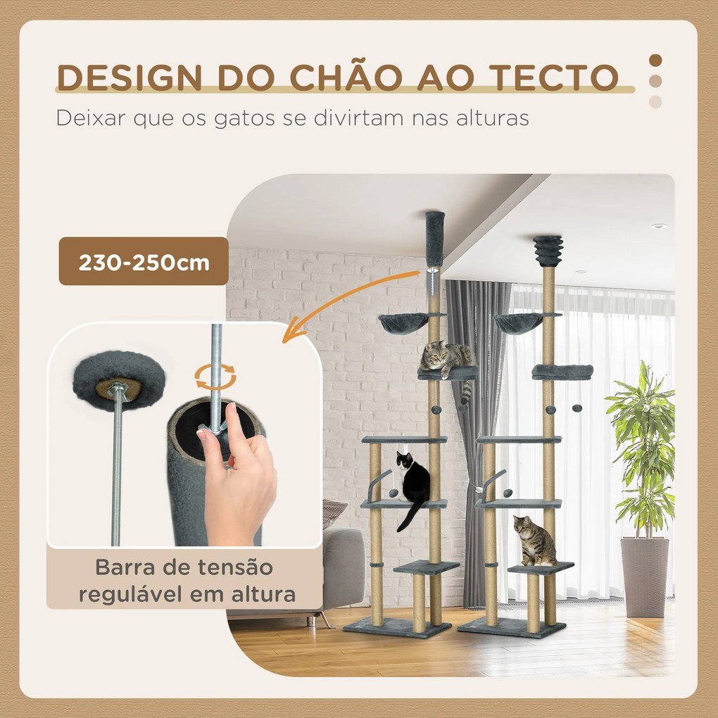 Arranhador para Gatos do Solo ao Teto de 230-250 cm  com Altura Ajustável Múltiplas Plataformas Rede Bolas Suspensas Cinza