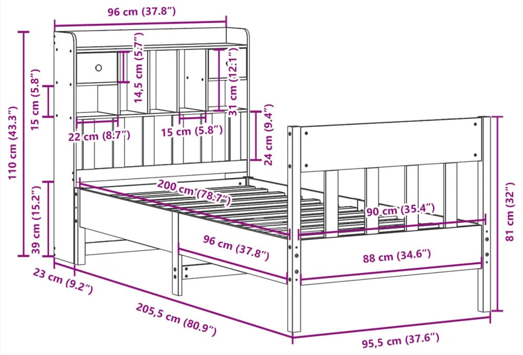Cama sem colchão 90x200 cm pinho maciço castanho-mel