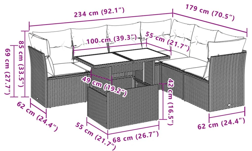 7 pcs conjunto de sofás jardim c/ almofadões vime PE castanho