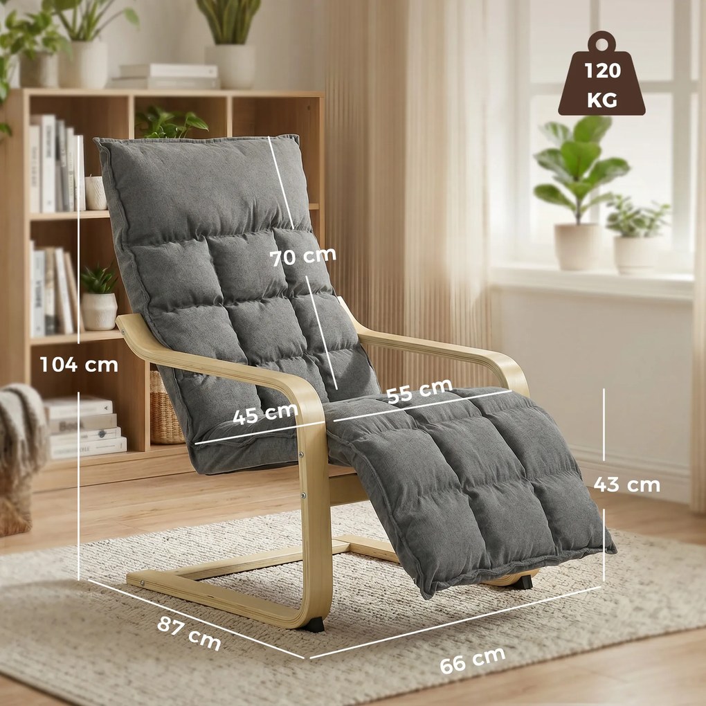 Cadeirão de Sala Estofado em Linho com Apoio para os Pés com Balanço Suave Encosto Alto Assento Amplo Cinzento