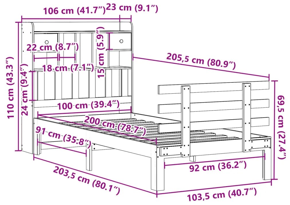 Cama com estante sem colchão 100x200 cm pinho maciço branco