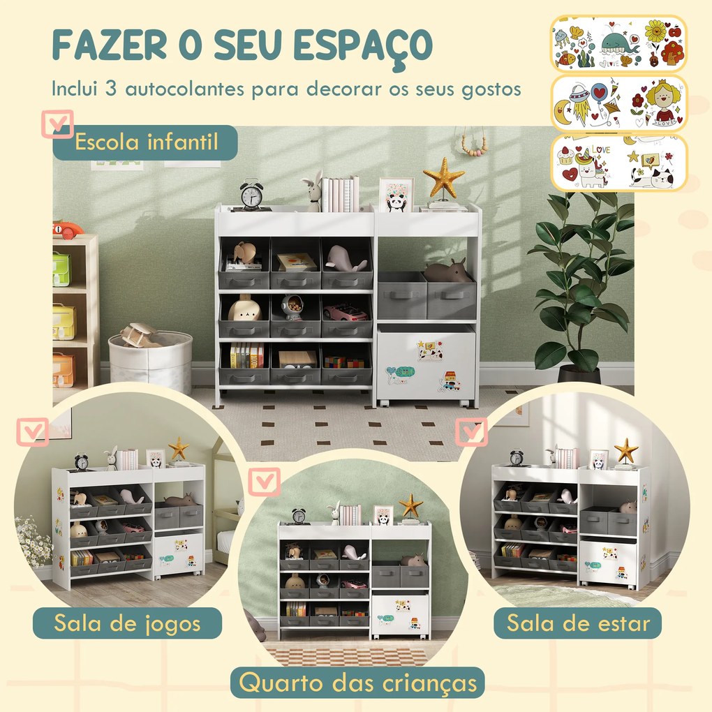 Organizador de Brinquedos para Crianças com 11 Cestas Amovíveis Compartimentos e Autocolantes 105x30x80 cm Branco e Cinza