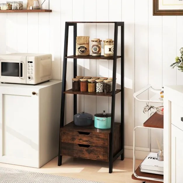 Estante em forma escada 52 x 39,5 x 134 cm com 4 prateleiras abertas e 2 gavetas Castanho Rústico + Preto