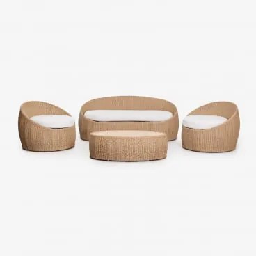 Conjunto De Jardim Com Sofá De 3 Lugares, 2 Poltronas E Mesa De Centro Em Madeira De Acácia E Rattan Sintético Clarnyx Natural - Sklum