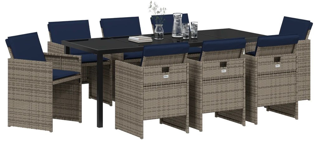 Conjunto de Jantar de Jardim de 9 Peças com Almofadas em Rattan Polipr