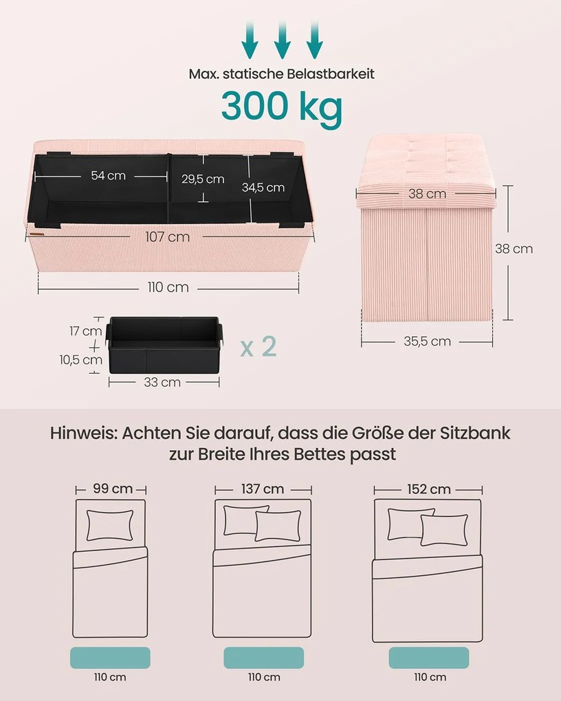 Banco dobrável com espaço de arrumação e design rebatível 38 x 110 x 38 cm Rosa