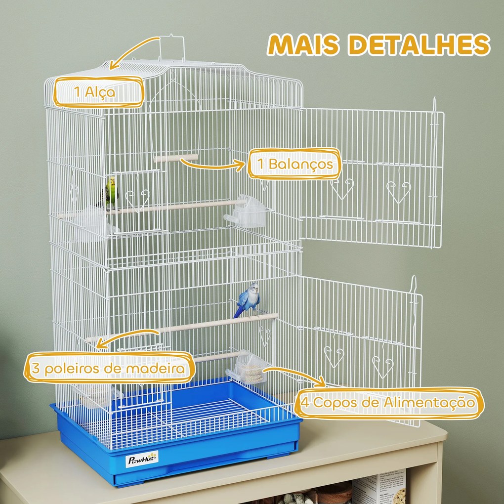 Gaiola para Pássaros Gaiola Metálica com 4 Tigelas de Comida 3 Poleiros Baloiço e Bandeja Removível Pega 46,5x35,5x92 cm Azul