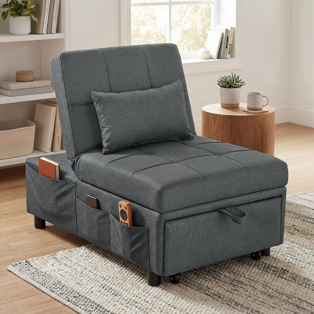 Poltrona convertível de 1 lugar, transformável em cama, com encosto ajustável, assento almofadado e almofada, cinzenta