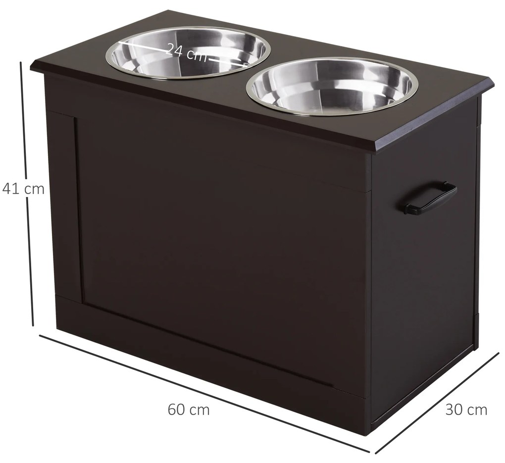 Comedouro Elevado para Cães com 2 Tigelas de Aço Inoxidável e Espaço de Armazenamento Oculto 60x30x41 cm Castanho Escuro