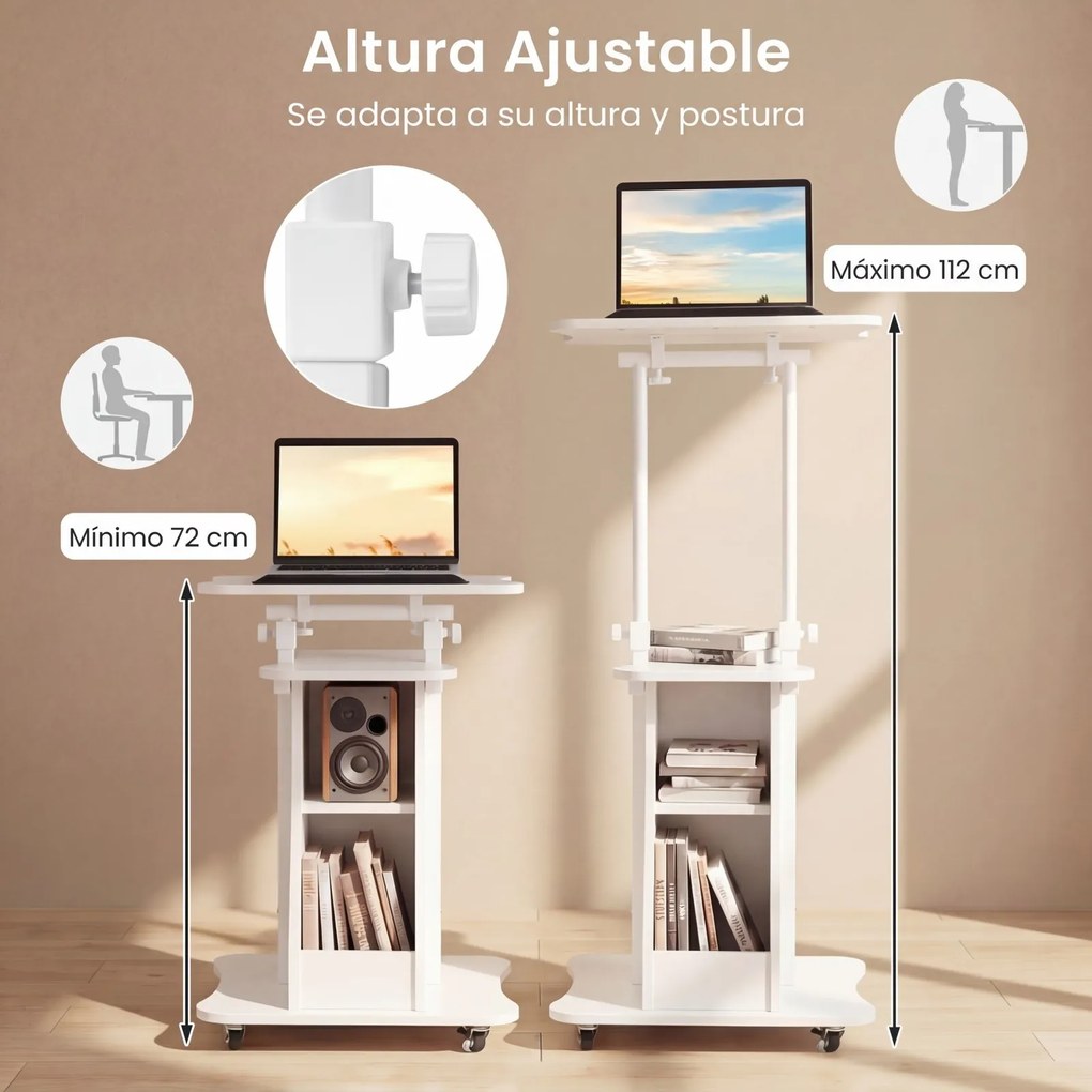 Pódio Móvel para Apresentações, 50 x 40 x 72-112 cm, Tampo Inclinável, Branco