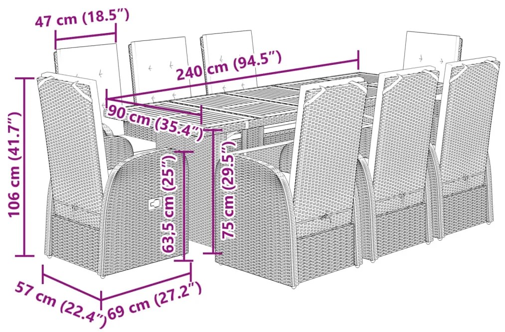 9 pcs conjunto de jantar p/ jardim c/ almofadões vime PE cinza