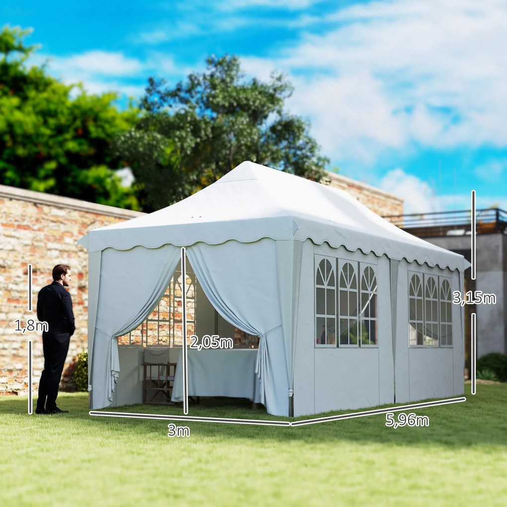 Tenda Dobrável Pop Up 596x300x315 cm com 6 Paredes Laterais Anti-UV Altura Ajustável para Campismo Festas Branco