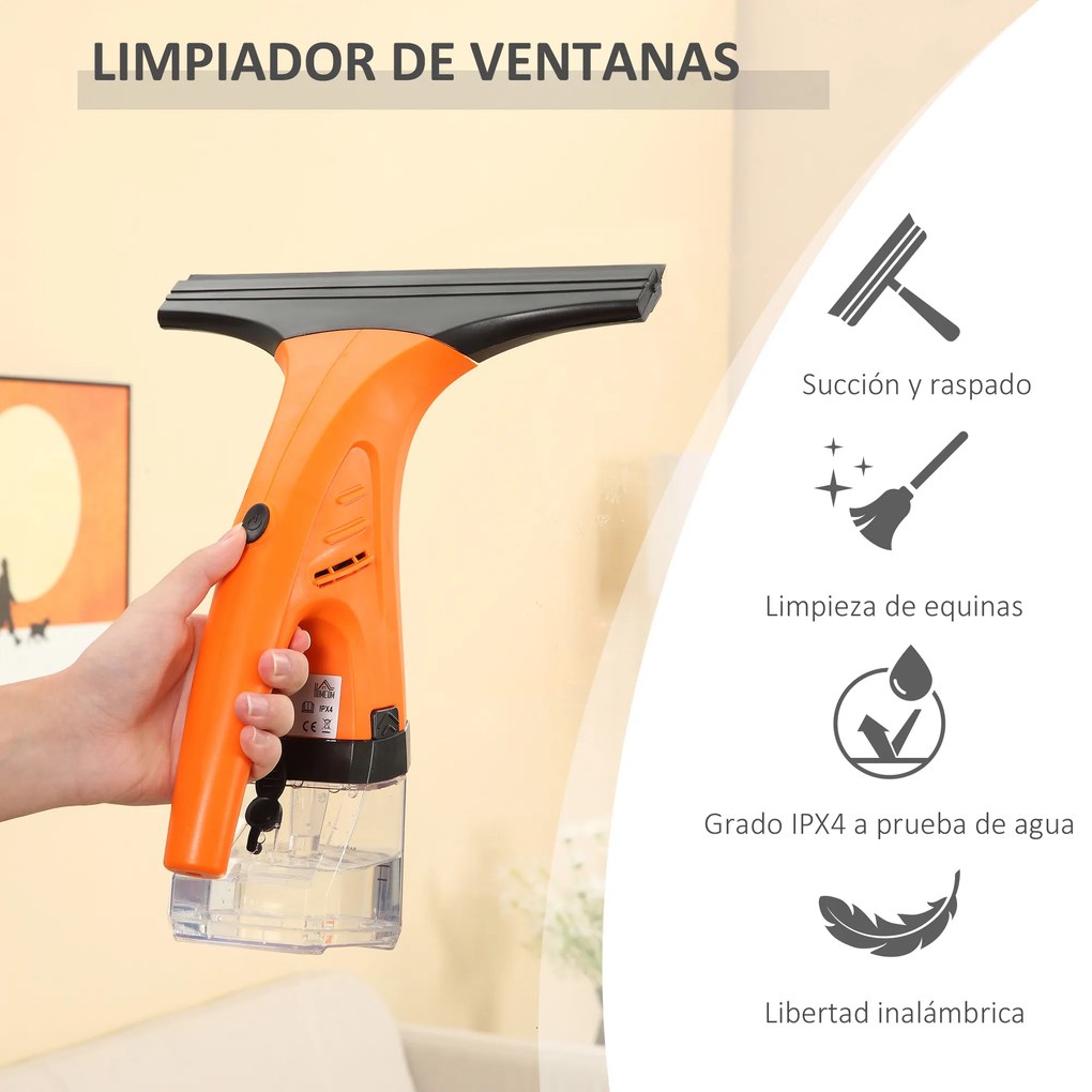 HOMCOM Limpa Vidros Elétrico 2 em 1 Aspirador Limpador de Vidros com Depósito de Água 300ml e Ponta de Borracha Inclui Pulverizador 19,5x12,5x33cm Laranja
