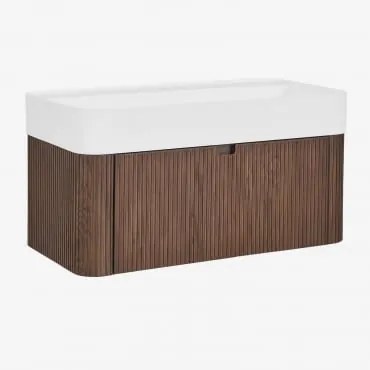 Conjunto De Móvel De Casa De Banho Suspenso 80x40 Cm Em Madeira Com Lavatório Integrado Saioa Madeira Escura - Sklum