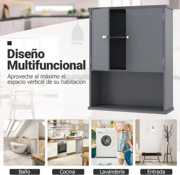 Armário de casa de banho de Parede 60 x 21 x 75 cm com 2 Portas com Prateleira Aberta e Ajustável Cinza