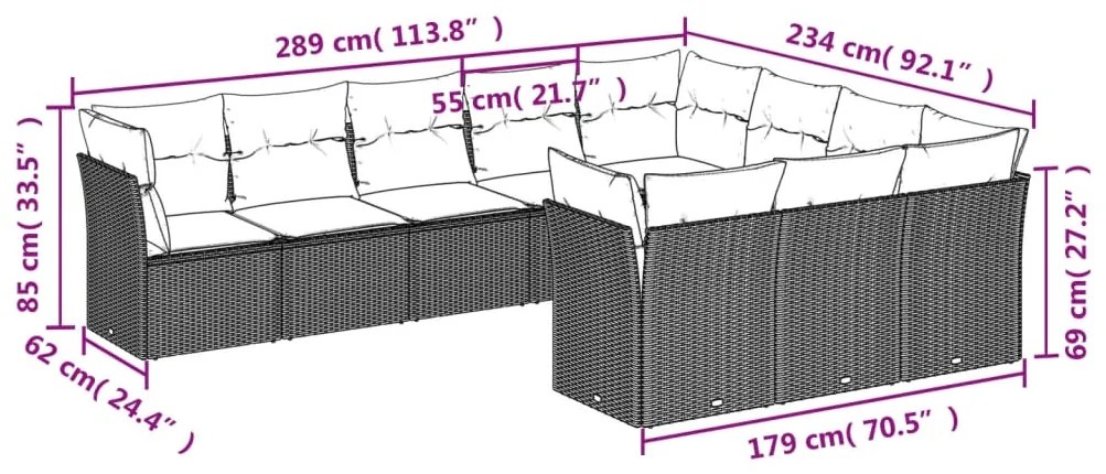 10 pcs conjunto de sofás p/ jardim com almofadões vime PE bege