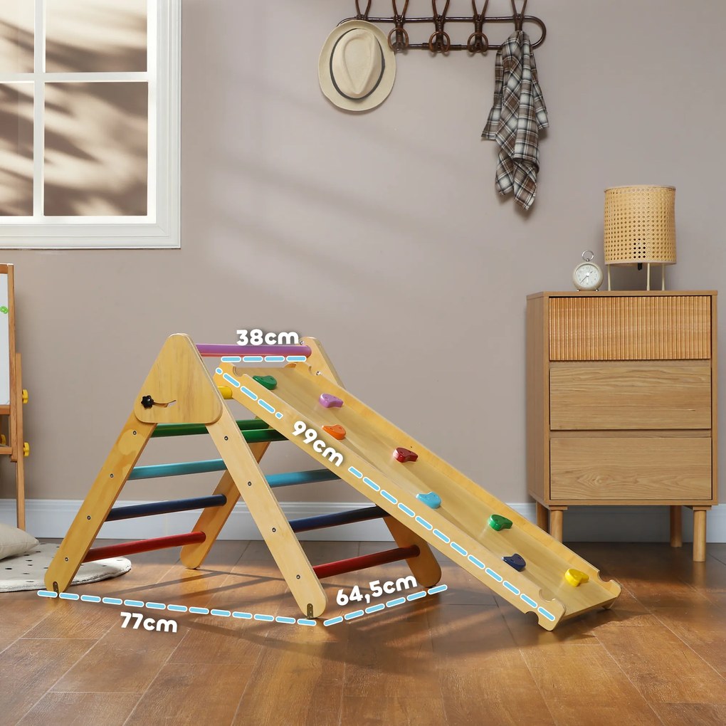 Triângulo de Escalada de Madeira 2 em 1 Escalada para Crianças de 18-48 Meses com Rampa para Deslizar ou Escalar 147x64,5x63 cm Multicor