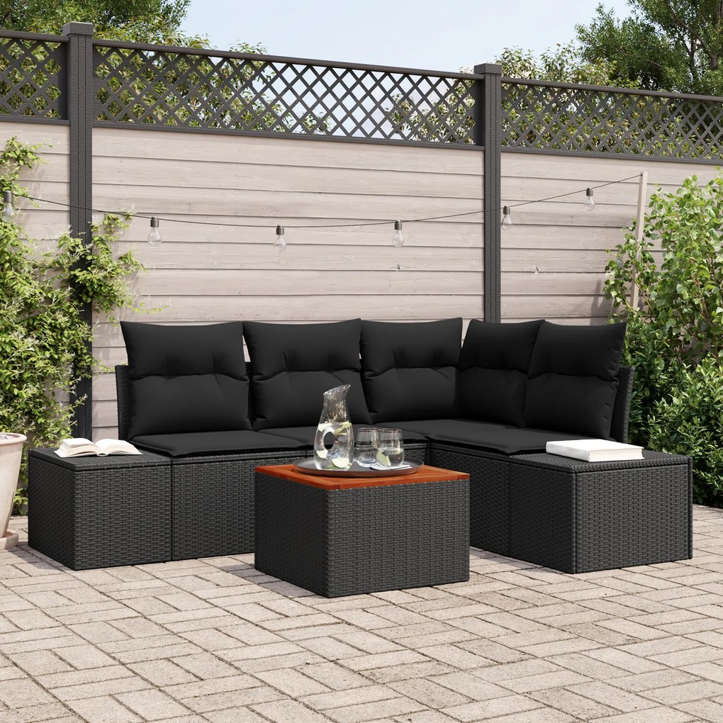 vidaXL Conjunto de Sofás de Jardim de 5 Peças com Almofadas Preto Ratan Poliéster Acácia