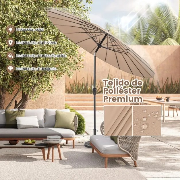 Guarda-sol redondo de 265 cm com 18 varas de fibra de vidro, botão de inclinação, manivela e toldo de alumínio para pátio ou piscina Café