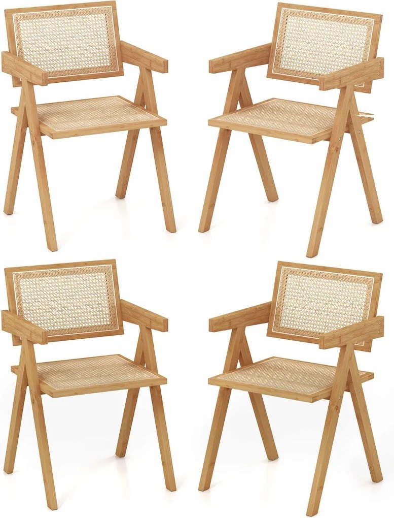 Conjunto de 4 cadeiras de jantar em rattan com estrutura de bambu, costas em imitação de cana e apoios de braços para cozinha 50 x 52 x 81 cm Natural
