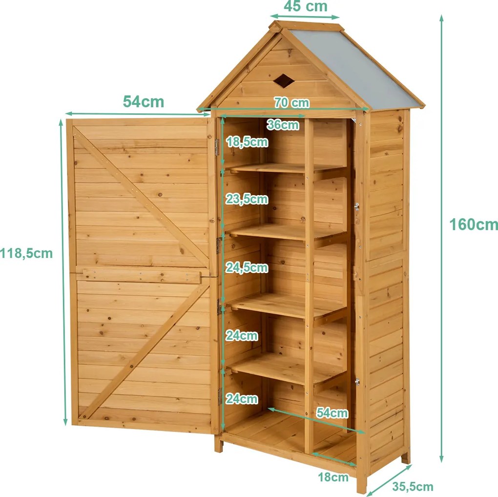 Abrigo de madeira com 5 prateleiras e 2 portas com fechadura e teto impermeável para jardim ou varanda 70 x 45 x 160 cm cor natural
