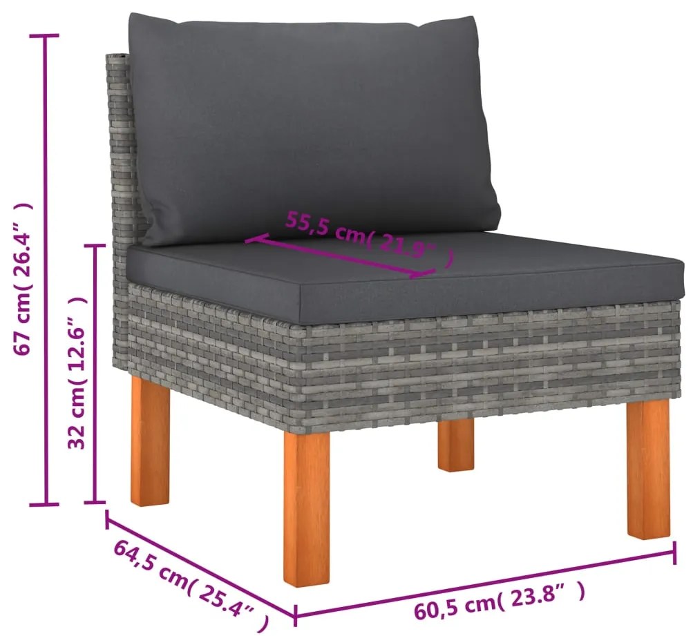 6 pcs conjunto lounge de jardim c/ almofadões vime PE cinzento