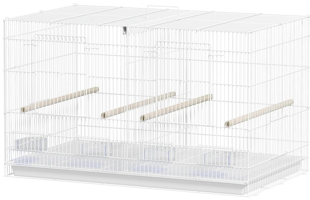 PawHut Gaiola para Pássaros com Divisória Gaiola para Aves com 4 Comedouros 4 Poleiros e Bandeja Amovível 76x46x46 cm Branco