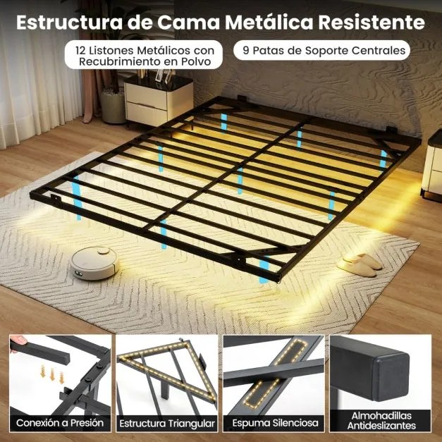 Estrutura de cama flutuante com luzes LED 200 x 160 x 24,5 cm de metal para colchão (COLCHÃO NÃO INCLUIDO) Base de ripas Somier preto