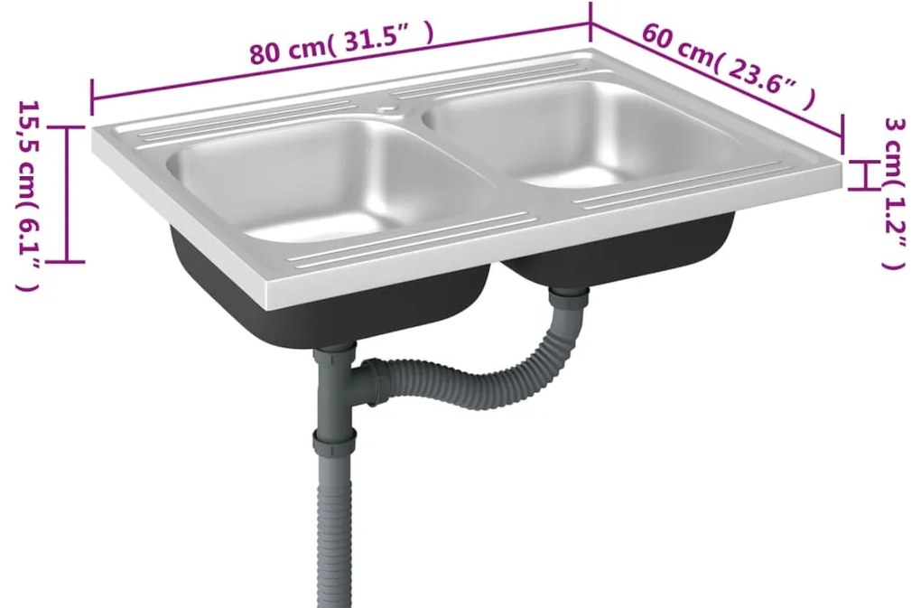 Lava-louça cozinha + cuba dupla 800x600x155mm aço inox prateado