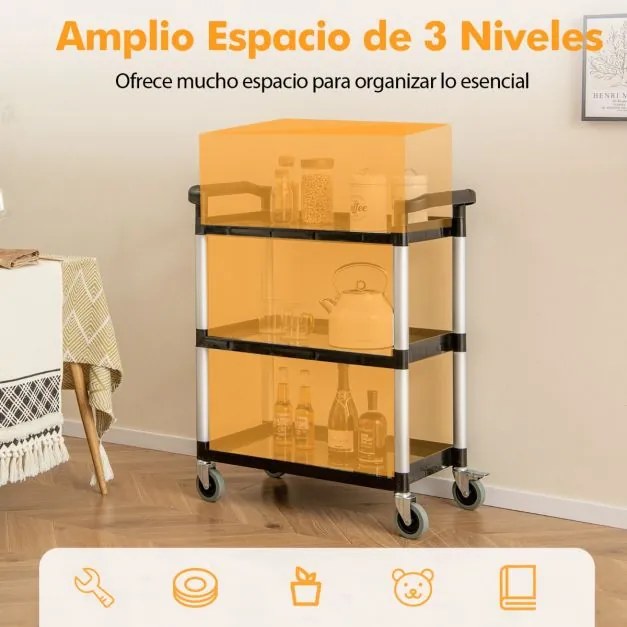 Carrinho multifuncional 80 x 41 x 97 cm de 3 níveis com rodas bloqueáveis e alças duplas, estrutura em alumínio para cozinha ou garagem, preto