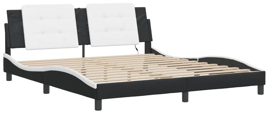 Estrutura cama c/ luzes LED 180x200cm couro artif. preto/branco