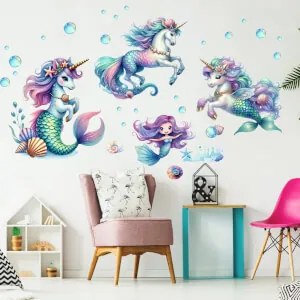 Autocolantes de parede para menina - Unicórnios e sereia