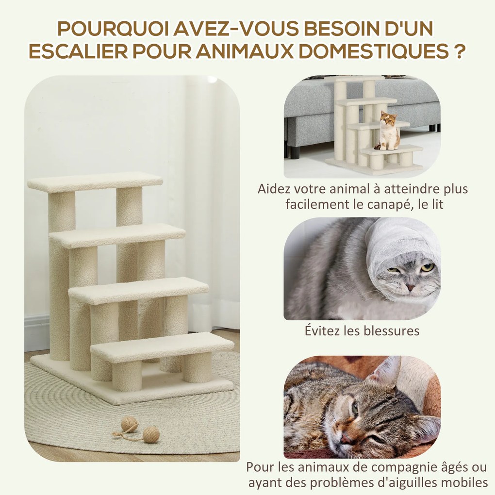 Escada para animais de estimação com 4 degraus 61 x 41 x 60 cm, revestimento com efeito de lã encaracolada, cor creme