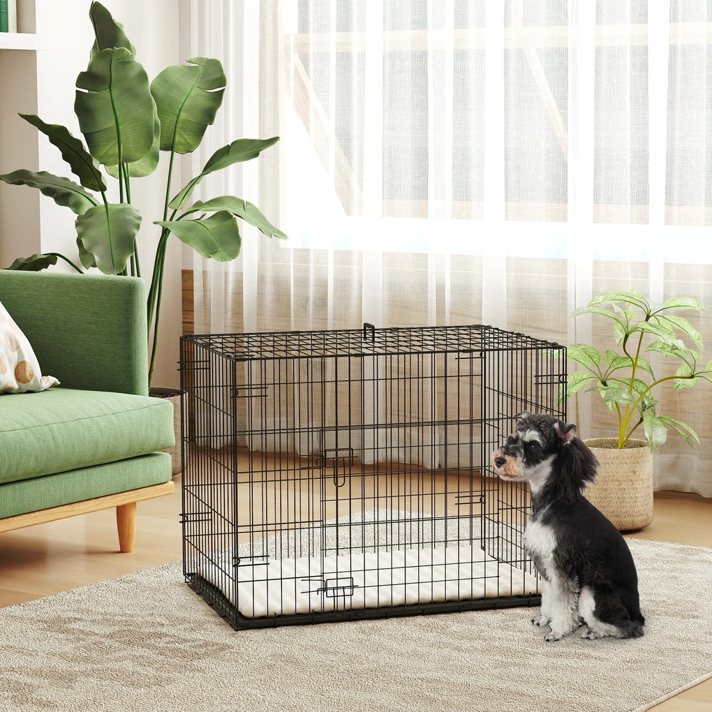 Gaiola Dobrável para Cães Pequenos com Almofada Portas Bandeja Removível e Estrutura Metálica 75x48,5x53 cm Preto e Bege