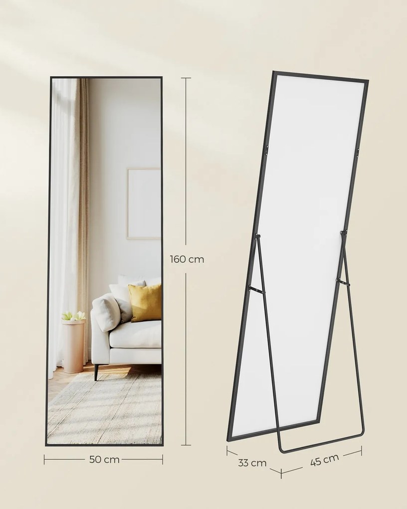 Espelho Pé retangular 160 x 50 cm de corpo inteiro com moldura resistente e Vidro temperado preto
