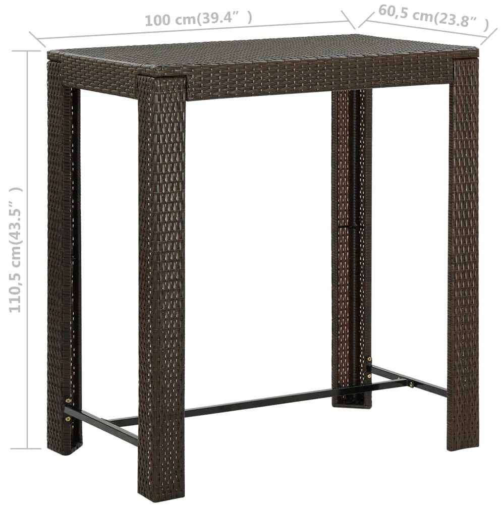 Mesa de bar para jardim 100x60,5x110,5 cm vime PE castanho