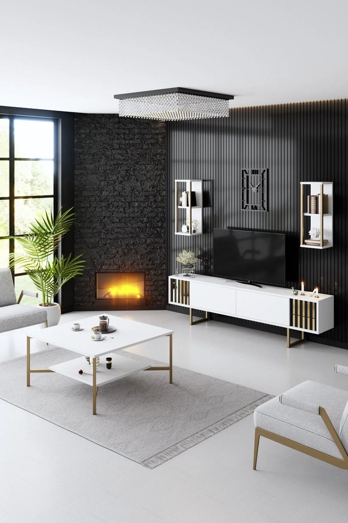 Móvel de TV "Gold" com 2 Prateleiras de Parede – Branco e Dourado - 18
