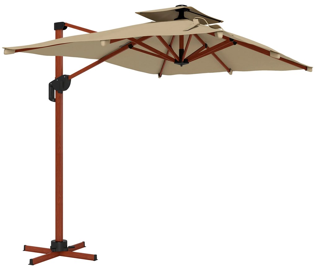 Outsunny Chapéu de Sol Excêntrico 300x198x252 cm com Manivela Inclinação Ajustável Duplo Teto e Base Cruzada Giratória 360° Caqui