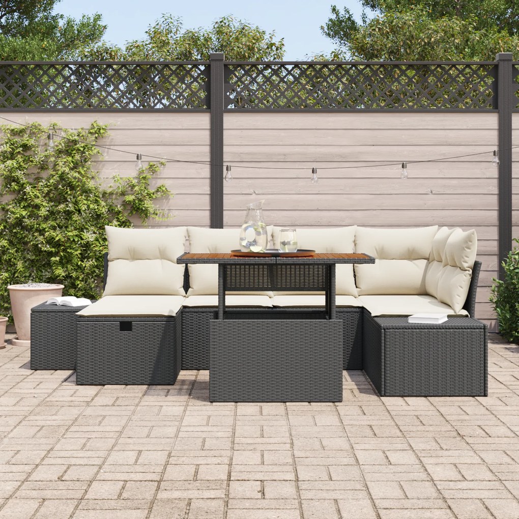 Conjunto de Sofá de 7 Peças para Jardim com Almofadas Preto Rattan Sin
